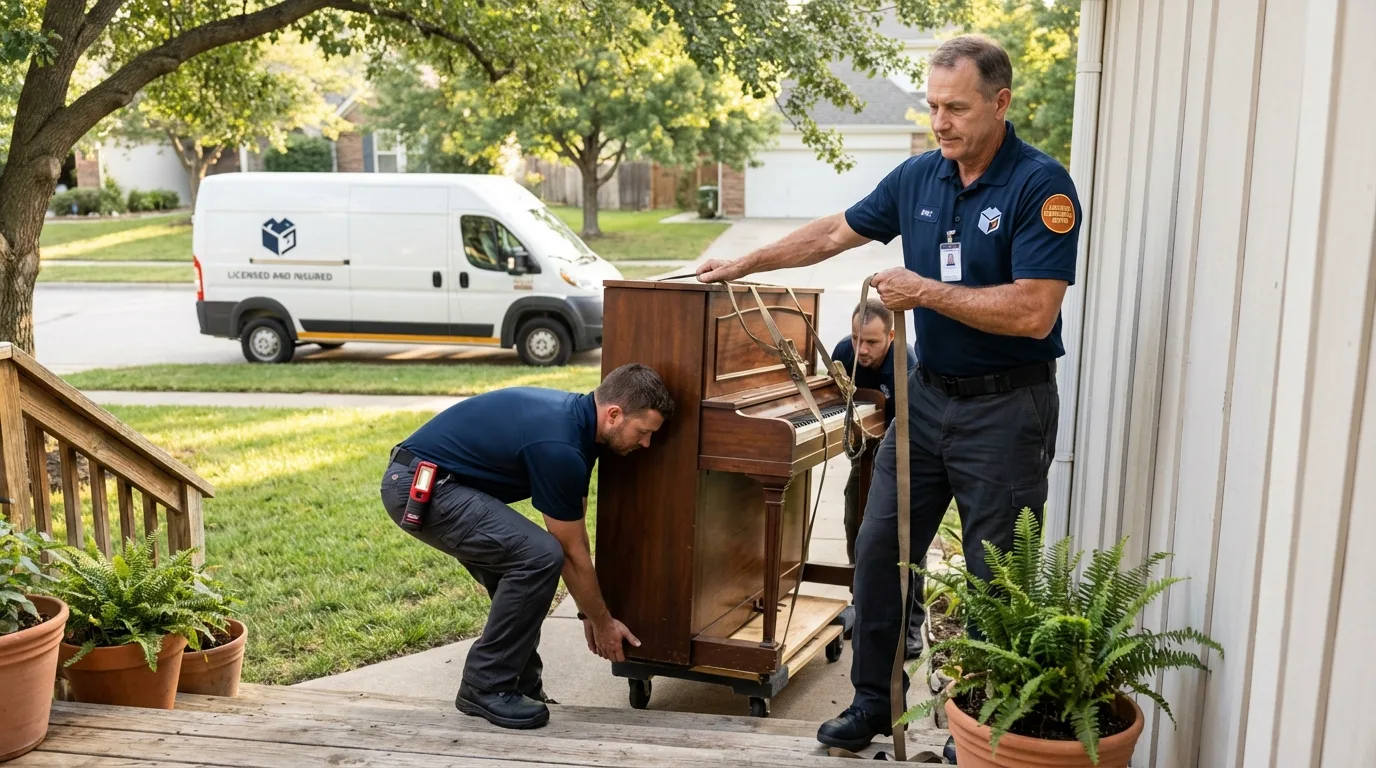 Licensed piano movers securing grand piano in Middlesex, NJ