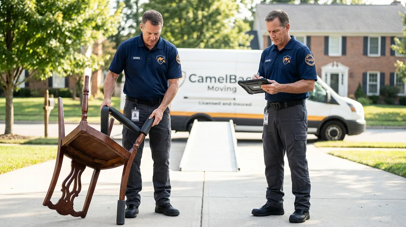 Movers inspecting furniture for damage prevention before loading in Middlesex, NJ