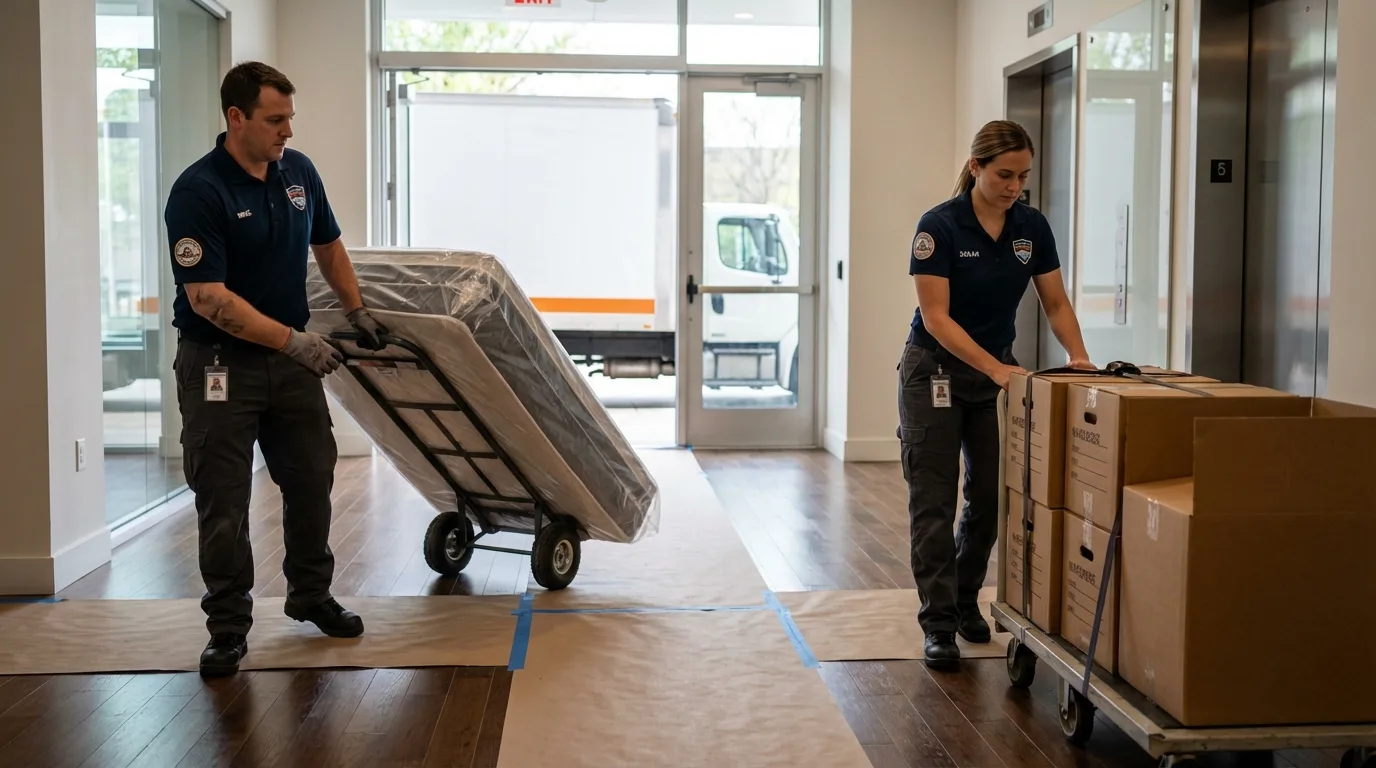 Professional apartment movers loading elevator in Middlesex, NJ